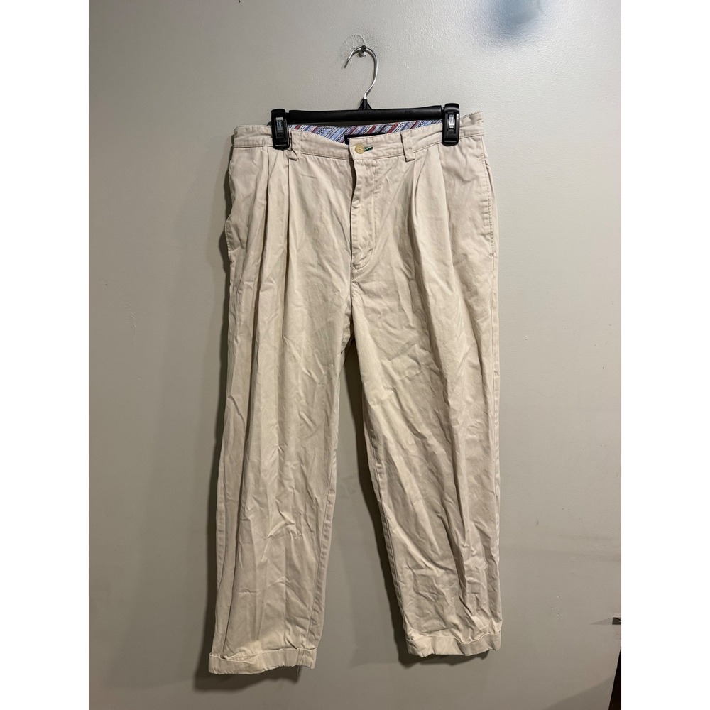 Tommy Hilfiger Mens Pleated Chino Pants 34x30 Khaki Tan Cotton Cuffed Trousers